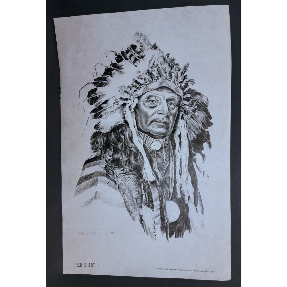 Vtg 1972 Bob Dale Drawing Print Red Shirt 2 Sioux Native American Signed 11 x 17